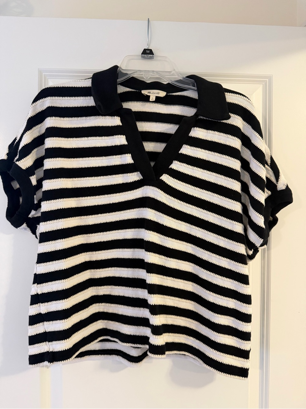 Madewell Black & White Striped V-Neck Polo Crop Shirt